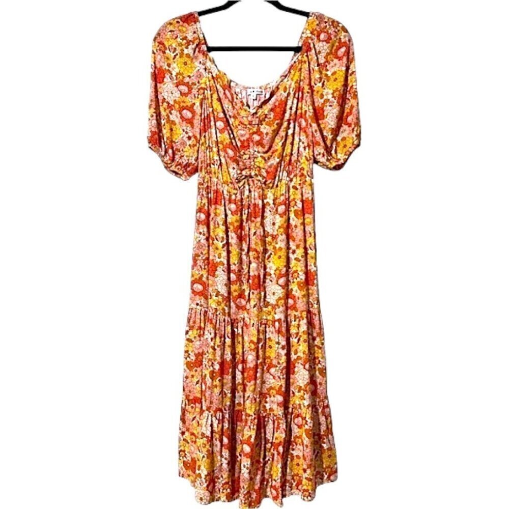 Orange Retro Floral Puff Sleeve Tiered Peasant Midi Dress CinchTie Front Small